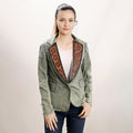Genuine leather Hand tooled hand carved Women 100% cotton Denim Blazer dress jacket