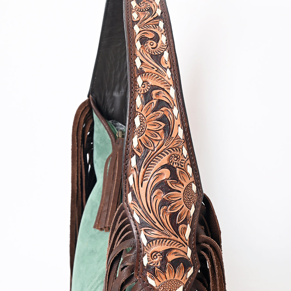 American Darling Hand Tooled Floral Carved Suede Genuine Leather Fringe Hobo Bag Buck Stitched Eco-Friendly Western