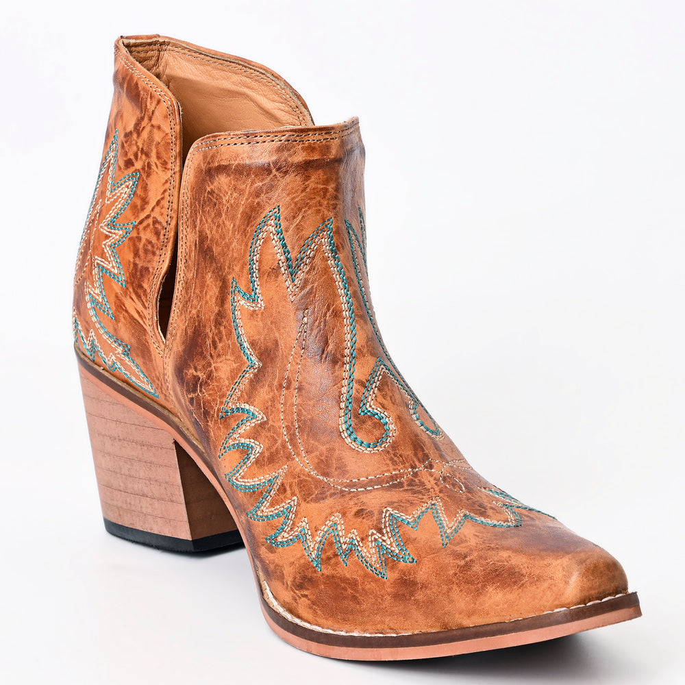 American Darling Women’s Western Ankle Boots Handcrafted Tan Leather Booties with Turquoise Stitching & Side Cutouts