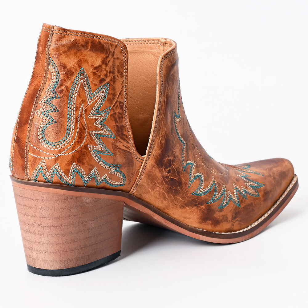 American Darling Women’s Western Ankle Boots Handcrafted Tan Leather Booties with Turquoise Stitching & Side Cutouts
