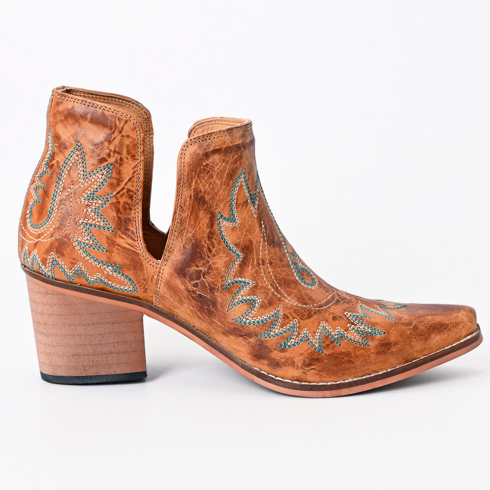 American Darling Women’s Western Ankle Boots Handcrafted Tan Leather Booties with Turquoise Stitching & Side Cutouts