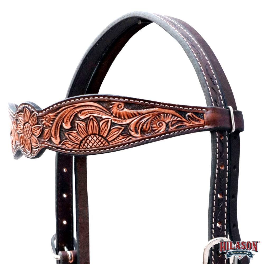 HILASON Western Horse Floral Headstall Breast Collar Set American Leather Dark Brown Harness | Tack for Horses