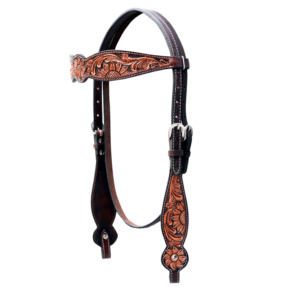 HILASON Western Horse Floral Headstall Breast Collar Set American Leather Dark Brown Harness | Tack for Horses