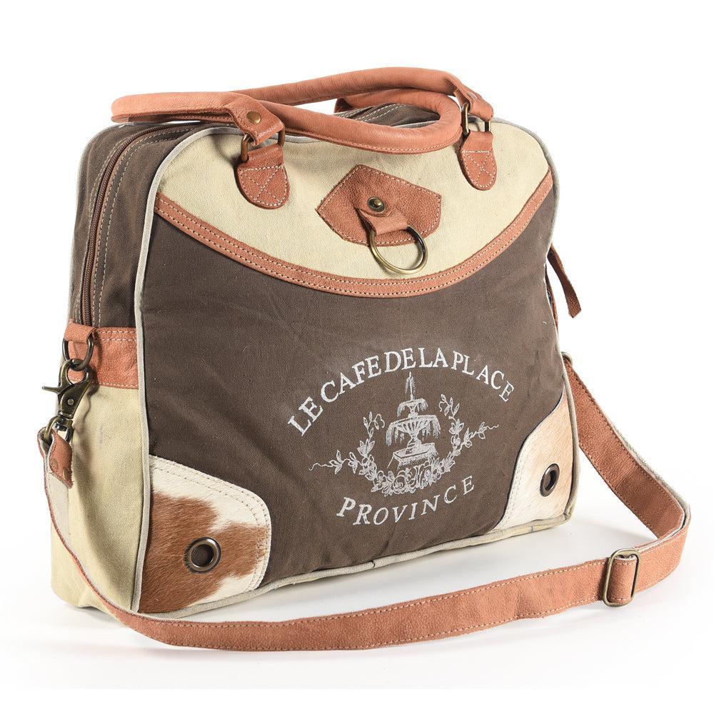 OHLAY Upcycled Canvas Hair-On Genuine Leather Messenger Bag
