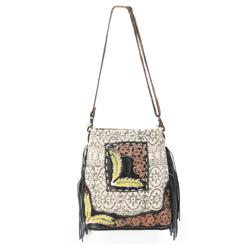 OHLAY Hand-Tooled Upcycled Canvas Genuine Leather Crossbody Bag