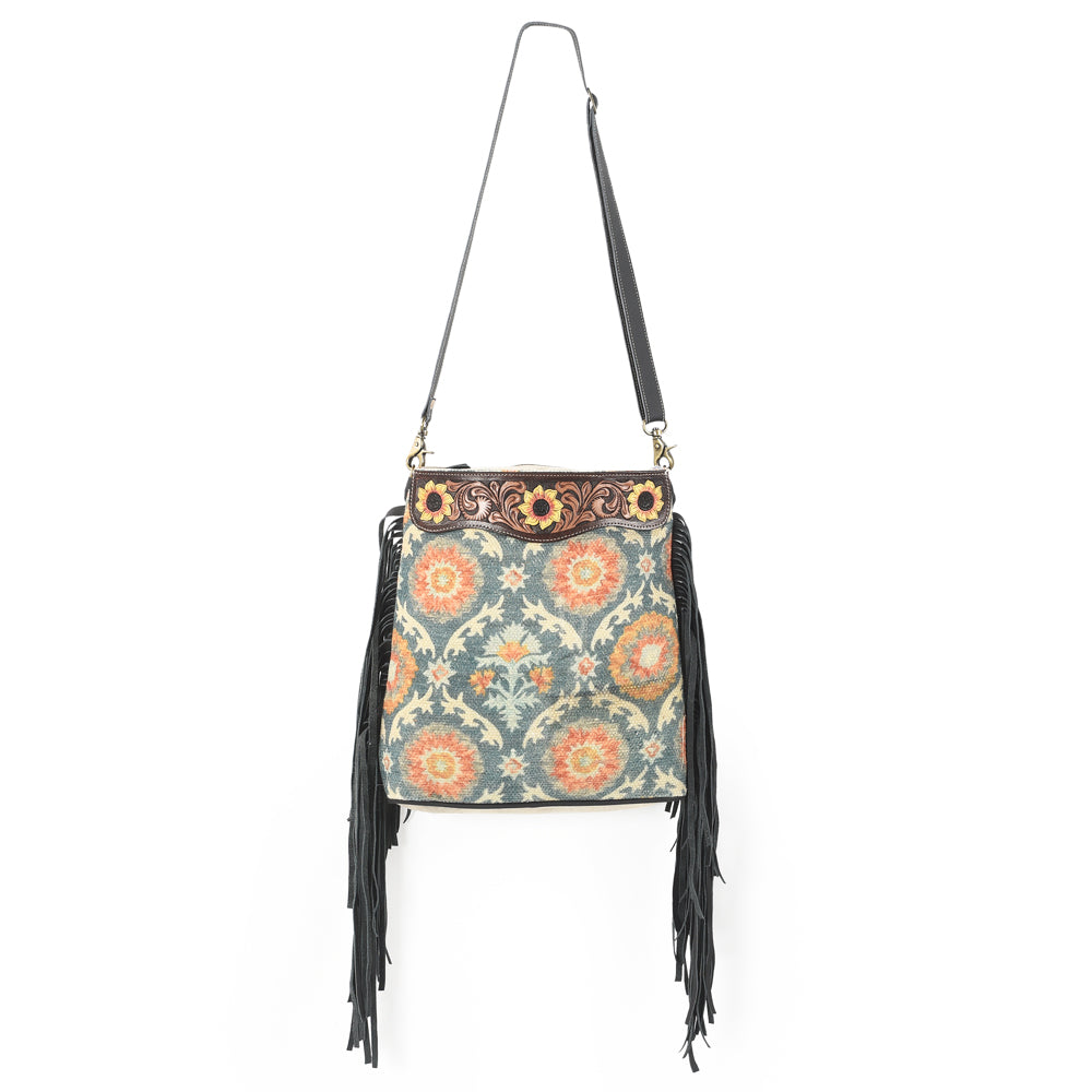 OHLAY Hand-Tooled Upcycled Canvas Genuine Leather Messenger Bag