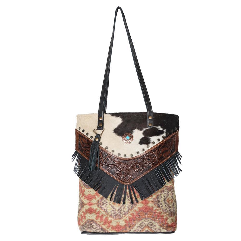 OHLAY Hand-Tooled Upcycled Wool Canvas Hair-On Genuine Leather Tote