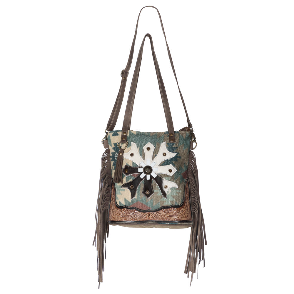 Ohlay Tote Hand Tooled Upcycled Wool Canvas Hair-on Genuine Leather