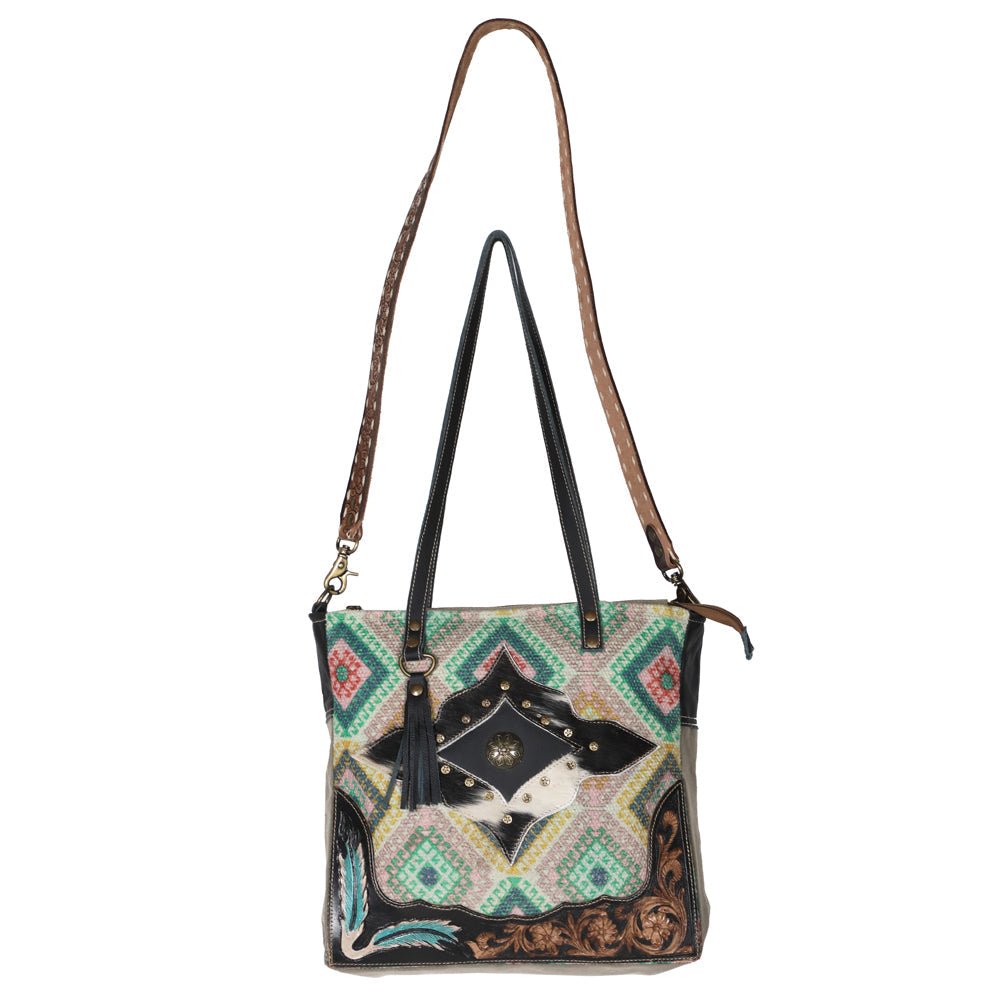 Ohlay Tote Hand Tooled Upcycled Canvas Hair-on Genuine Leather