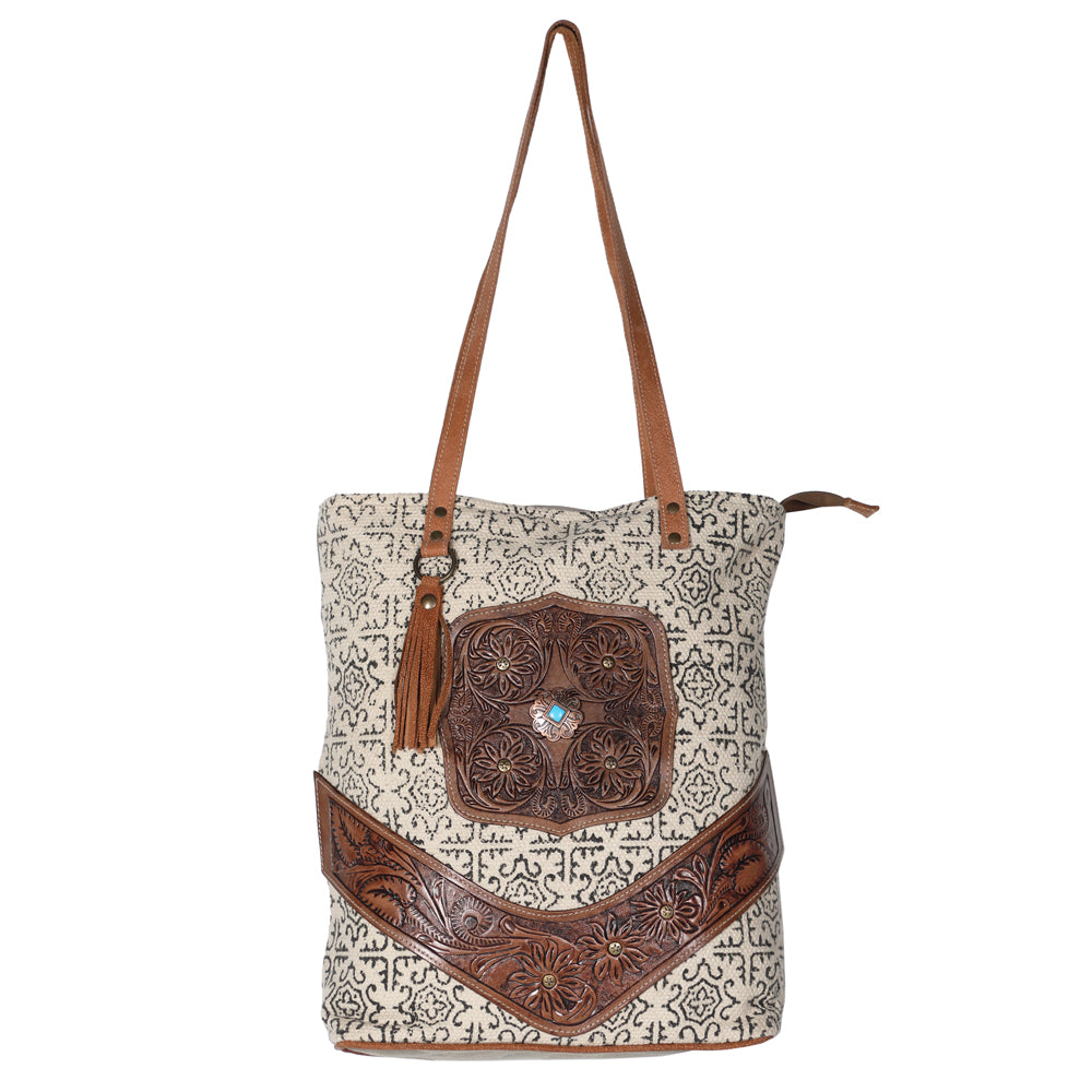 Ohlay Tote Hand Tooled Upcycled Canvas Genuine Leather