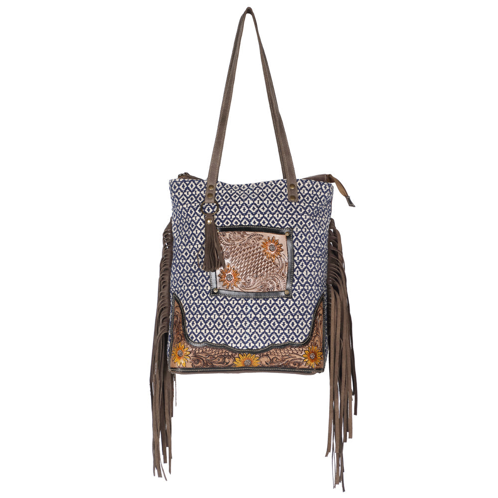 Ohlay Tote Hand Tooled Upcycled Wool Upcycled Canvas Genuine Leather