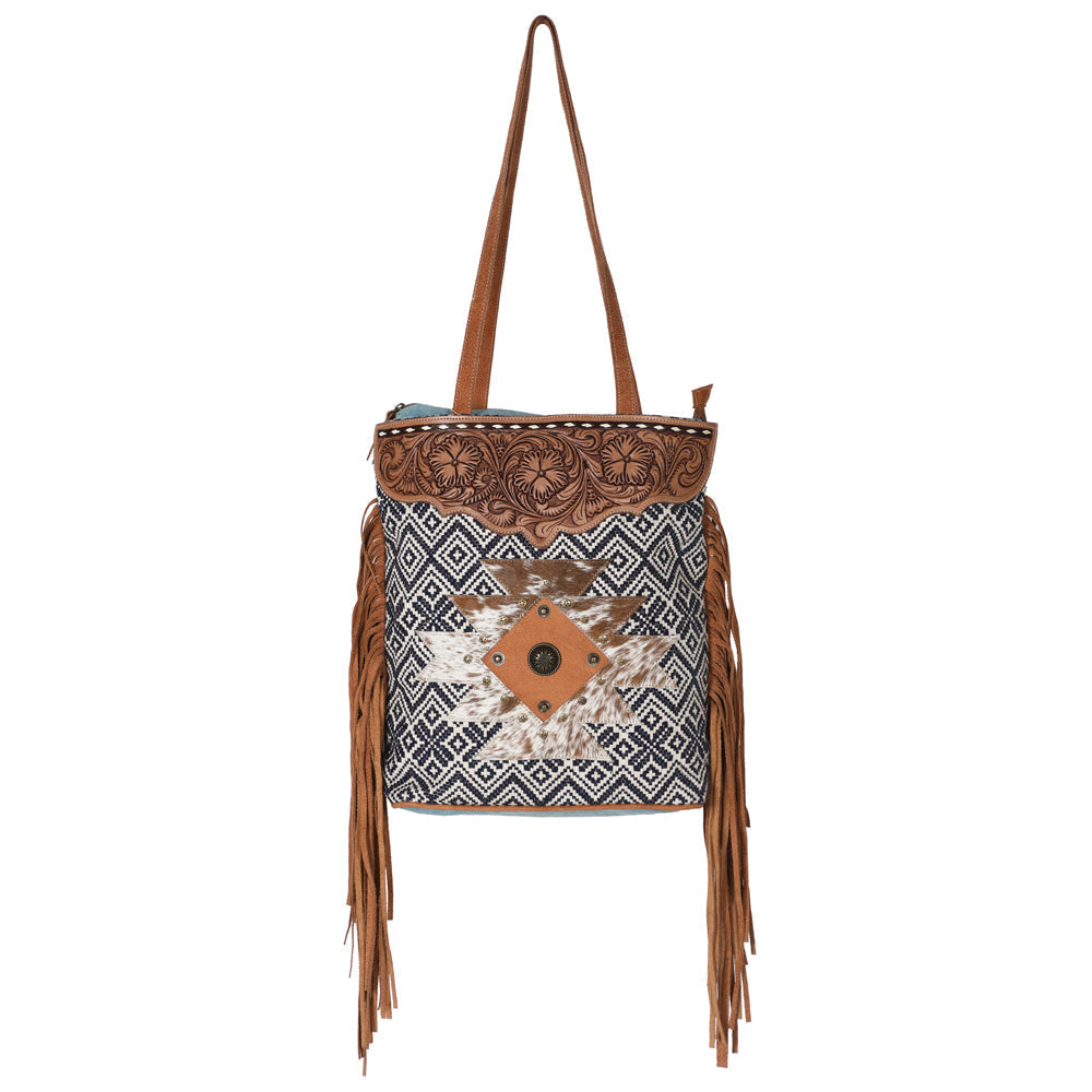 OHLAY Hand-Tooled Upcycled Wool Hair-On Genuine Leather Tote