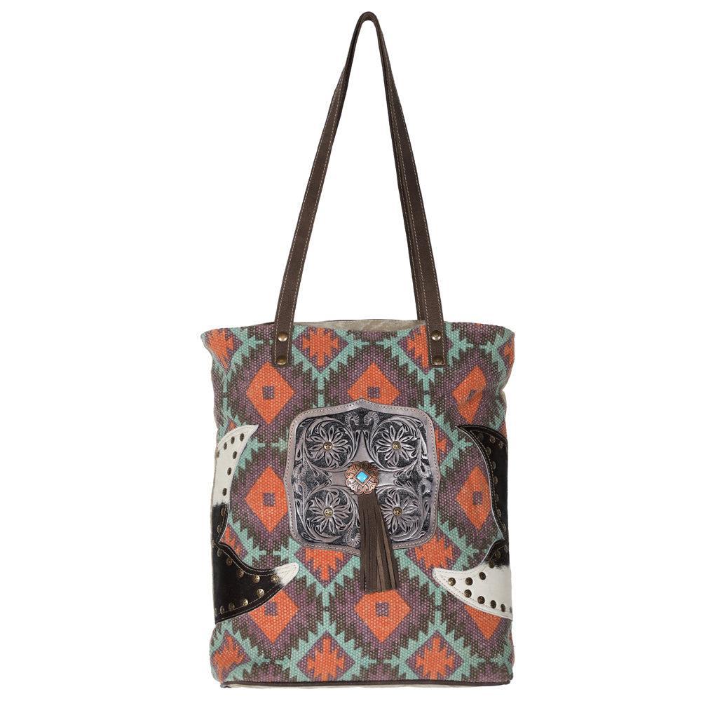 OHLAY Hand-Tooled Upcycled Wool Canvas Hair-On Genuine Leather Tote