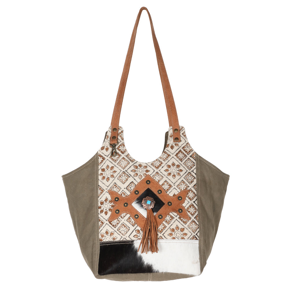 OHLAY Upcycled Wool Canvas Hair-On Genuine Leather Tote