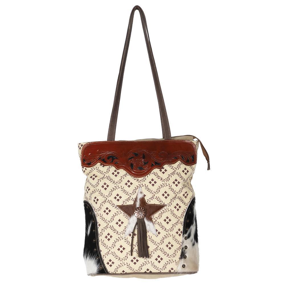 OHLAY Upcycled Canvas Embossed Hair-On Genuine Leather Tote