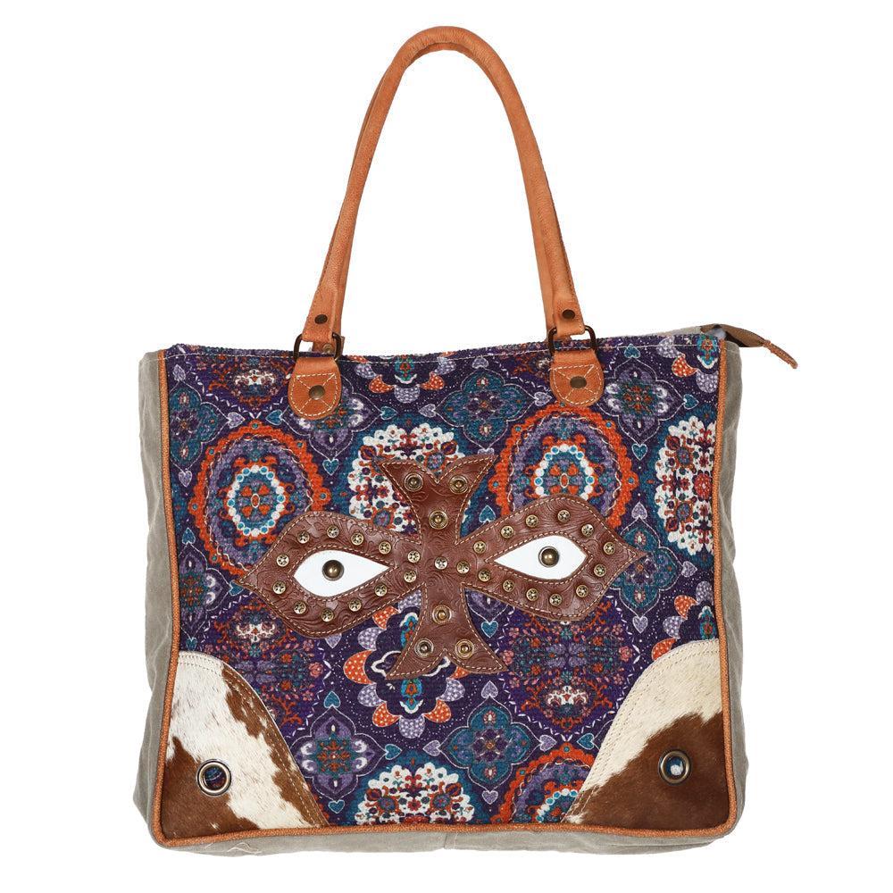 OHLAY Upcycled Canvas Embossed Hair-On Genuine Leather Weekender Bag