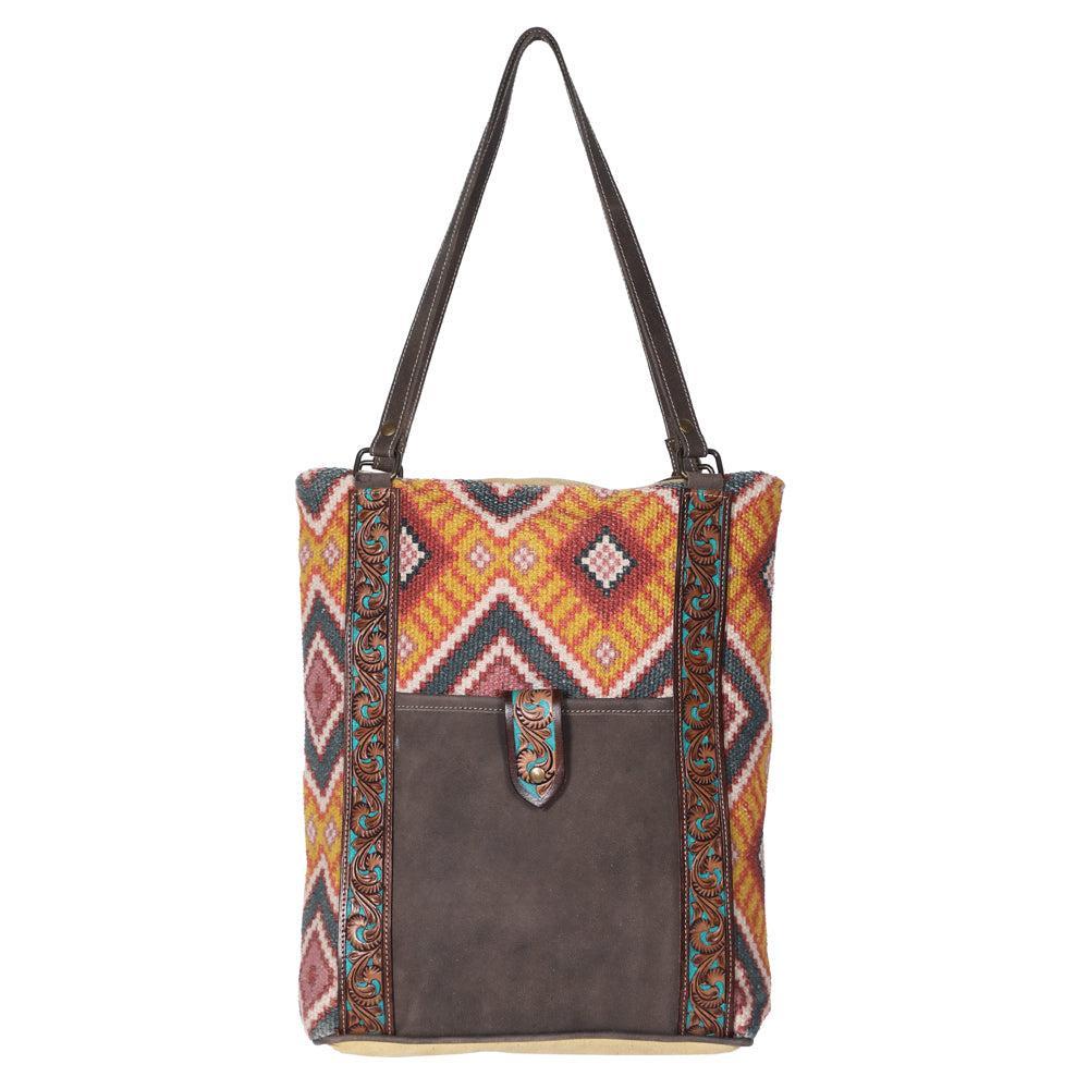 OHLAY Hand-Tooled Upcycled Wool Canvas Genuine Leather Tote