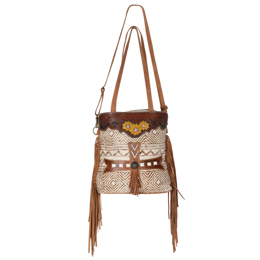 Ohlay Tote Hand Tooled Upcycled Wool Upcycled Canvas Genuine Leather