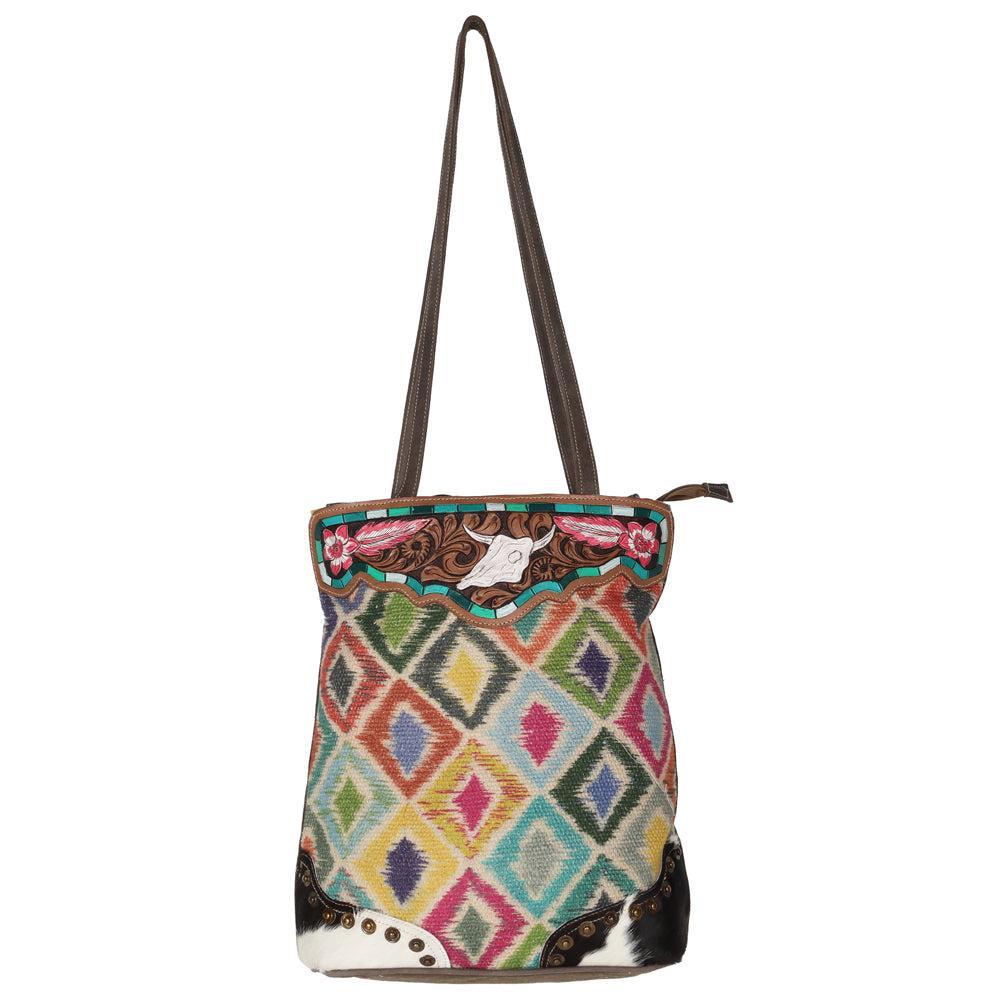 OHLAY Hand-Tooled Upcycled Wool Canvas Hair-On Genuine Leather Tote