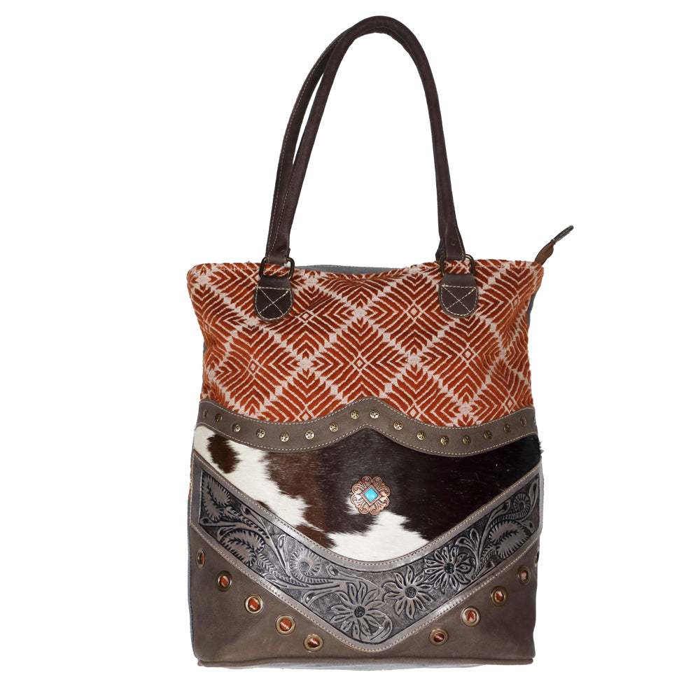 Ohlay Tote Hand Tooled Upcycled Wool Upcycled Canvas Hair-on Genuine Leather