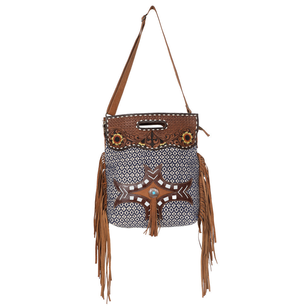 Ohlay Tote Hand Tooled Upcycled Wool Upcycled Canvas Genuine Leather
