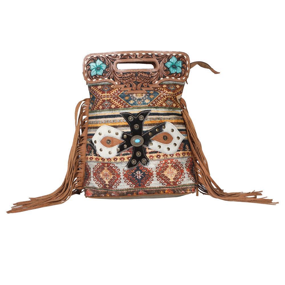 OHLAY Hand-Tooled Upcycled Canvas Hair-On Genuine Leather Tote