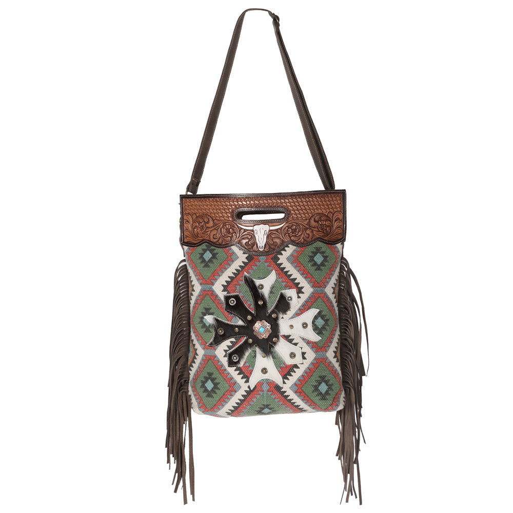 Ohlay Tote Hand Tooled Upcycled Canvas Hair-on Genuine Leather