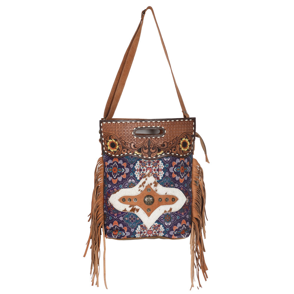 Ohlay Tote Hand Tooled Upcycled Canvas Hair-on Genuine Leather