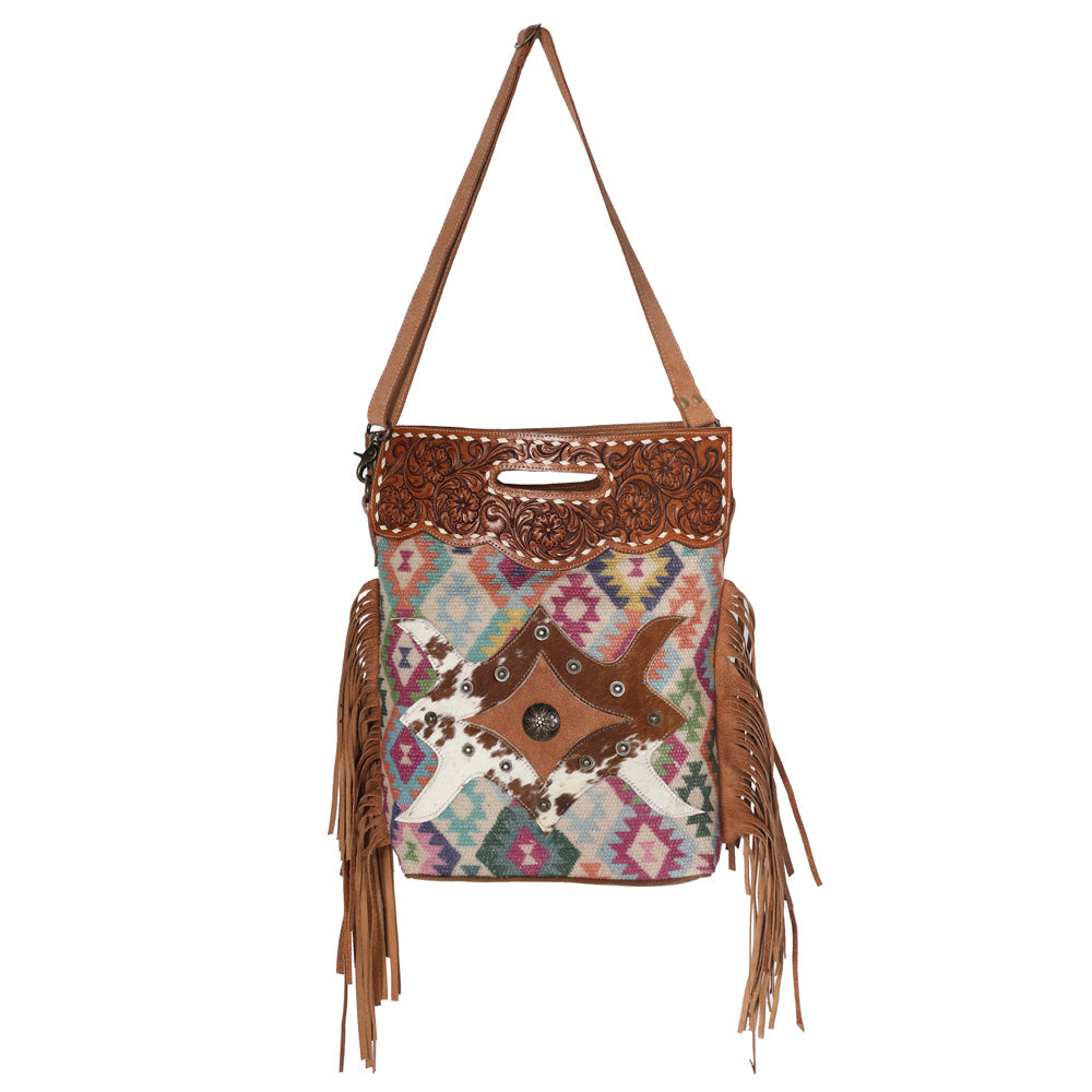 OHLAY Hand-Tooled Upcycled Wool Hair-On Genuine Leather Tote