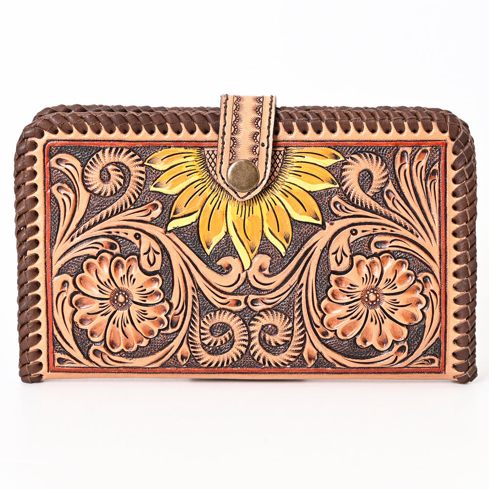 American Darling Hand Tooled Floral Carved Genuine Leather Braided Clutch Bag Vegetable-Tanned Eco-Friendly Western Wallet