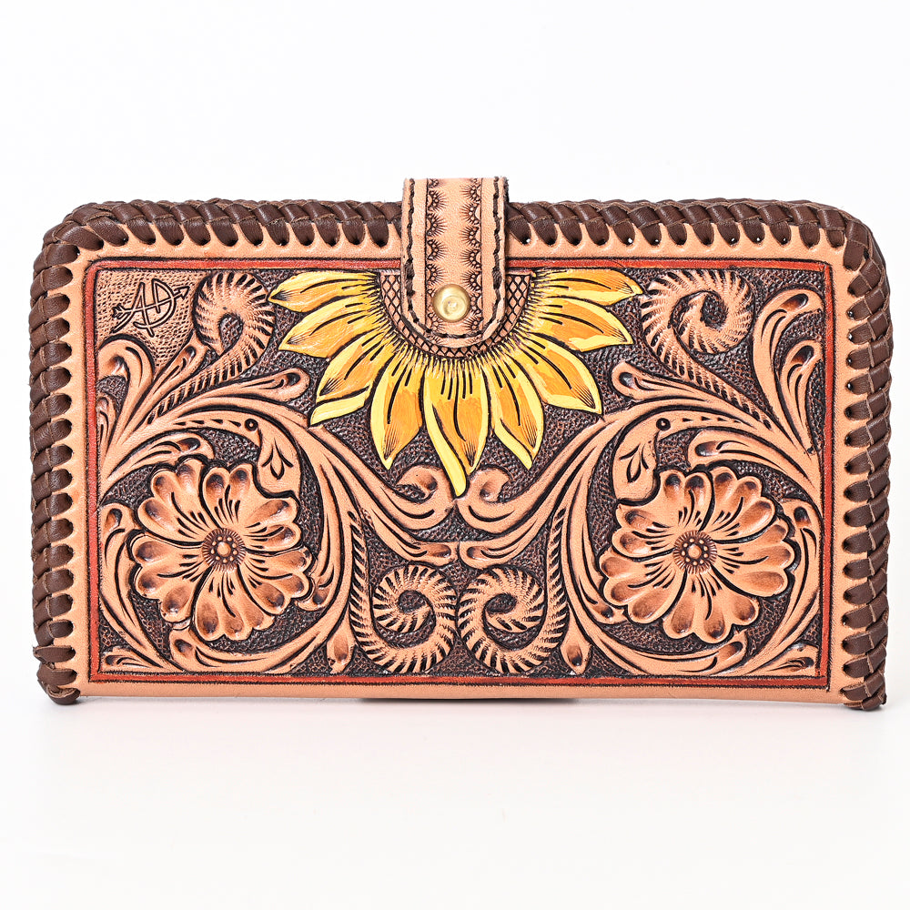 American Darling Hand Tooled Floral Carved Genuine Leather Braided Clutch Bag Vegetable-Tanned Eco-Friendly Western Wallet