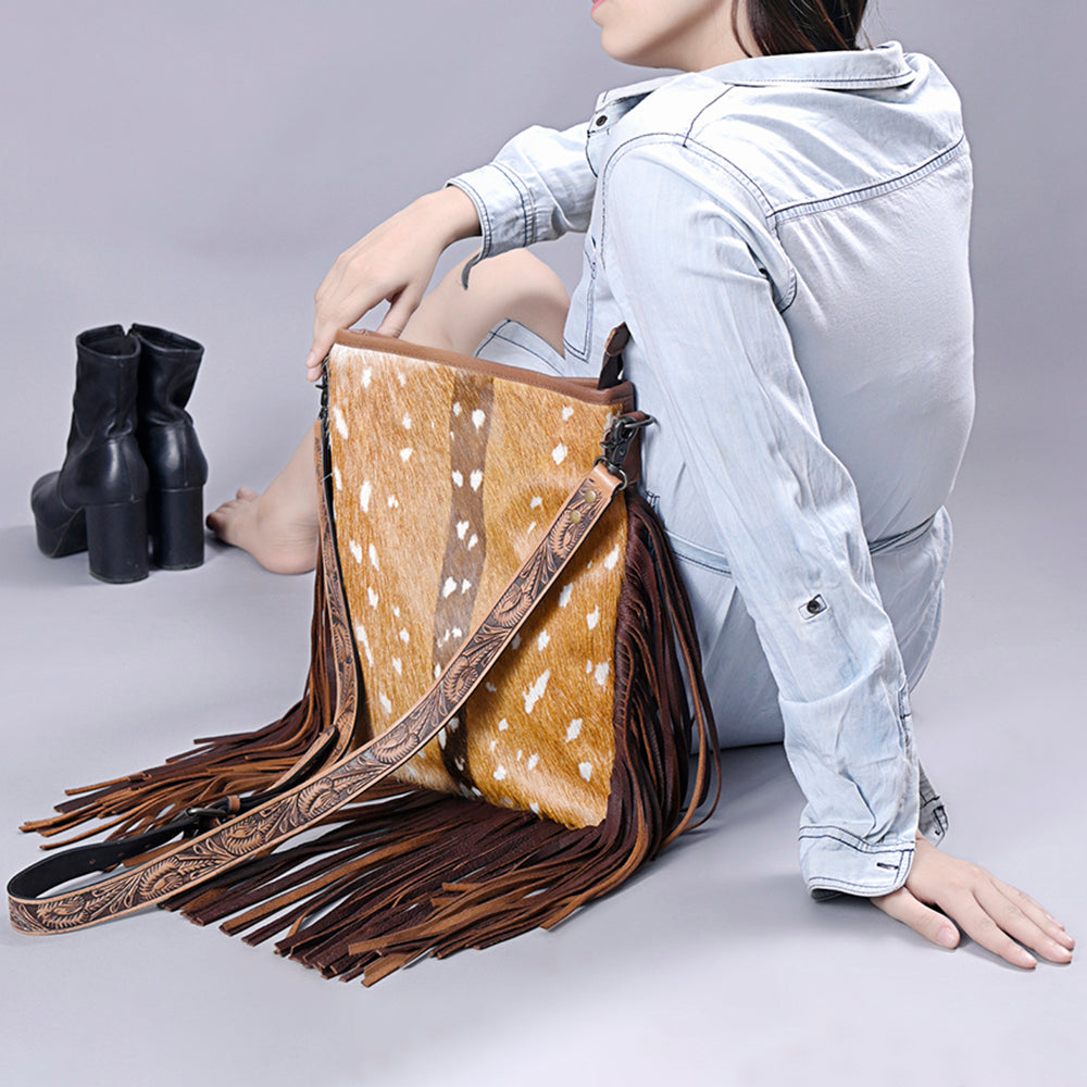 American Darling Messenger Hand Tooled Hair On Genuine Leather Western Women Bag Handbag Purse | Cute