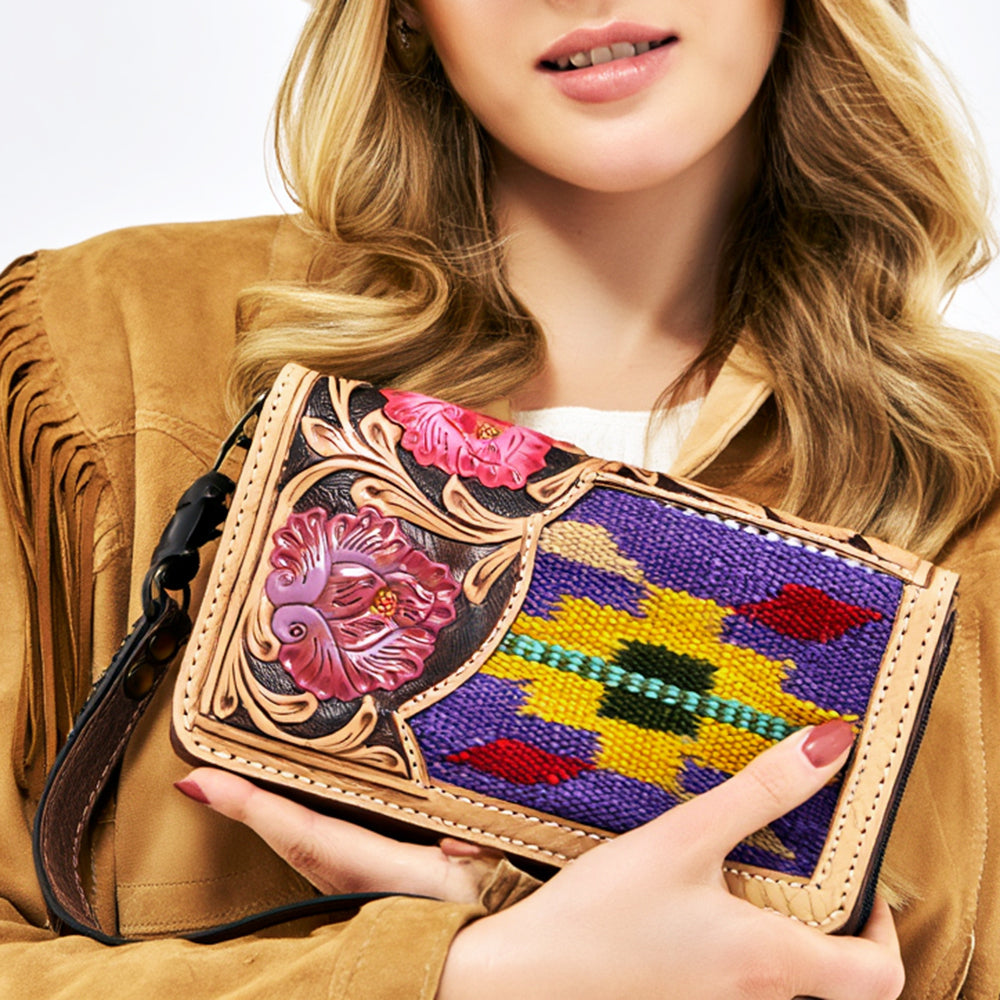 American Darling Western Organizer Bag Hand Woven Saddle Blanket Hand Tooled Leather Small Organizer 4.5in (H) X 8in (W)
