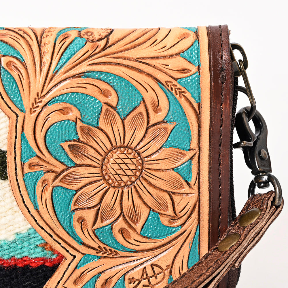 American Darling Western Organizer Bag Hand Woven Saddle Blanket Hand Tooled Leather Small Organizer 4.5in (H) X 8in (W)