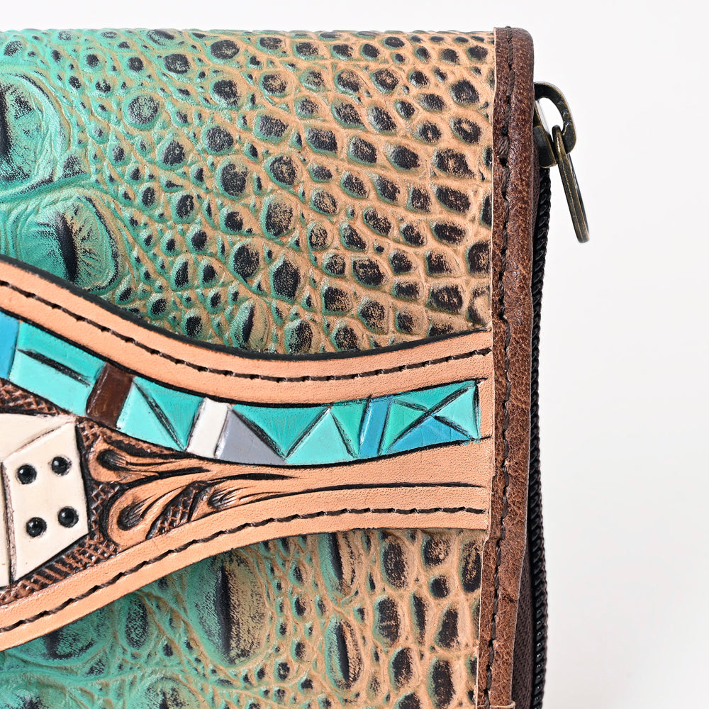 American Darling Western Leather Wallet Bag Crocodile Embossed Genuine Leather Hand Tooled 4.5in (H) X 8in (W)