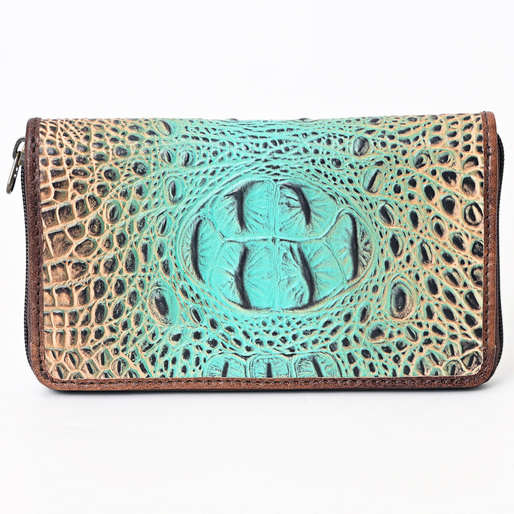 American Darling Western Leather Wallet Bag Crocodile Embossed Genuine Leather Hand Tooled 4.5in (H) X 8in (W)