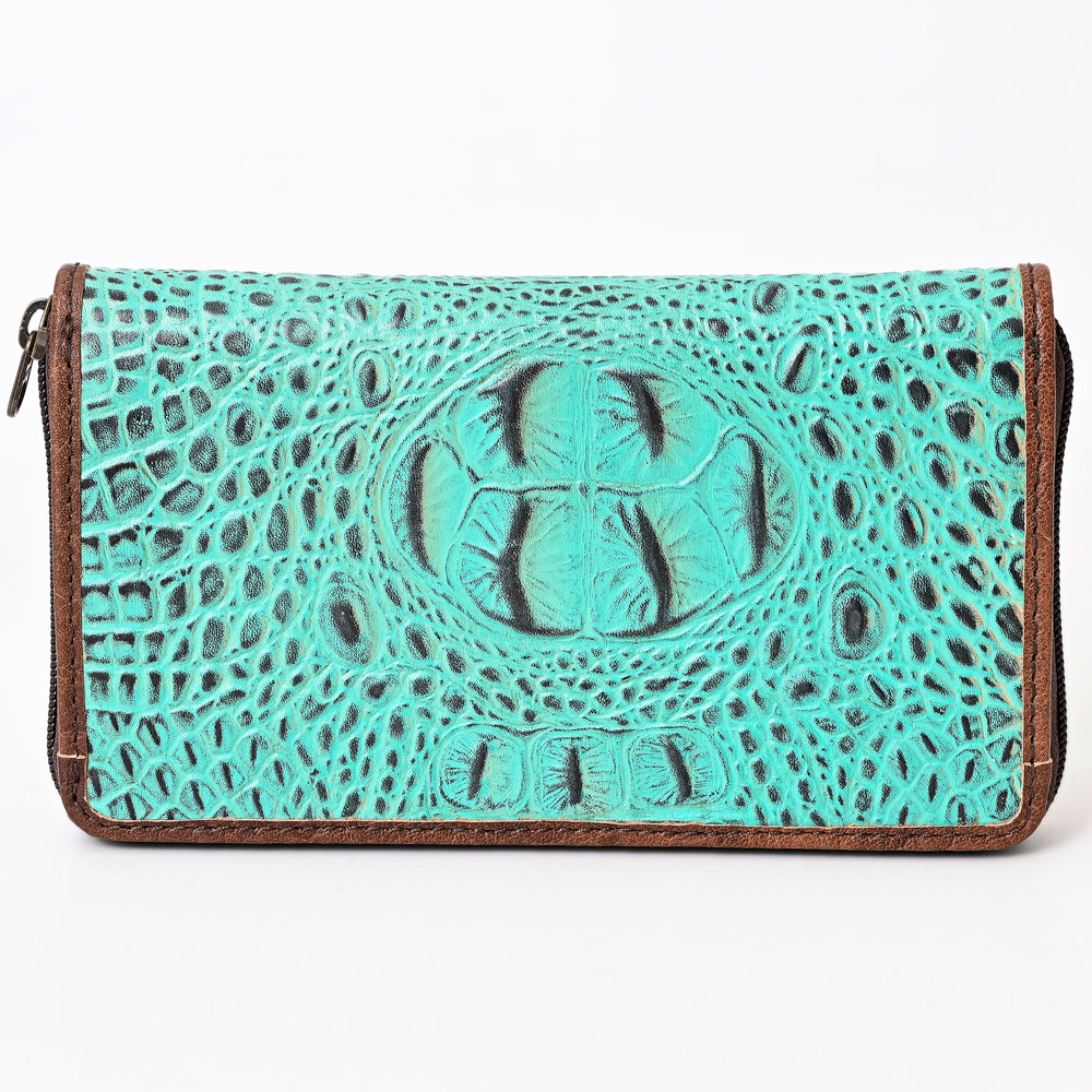 American Darling Western Leather Wallet Bag Crocodile Embossed Genuine Leather Hand Tooled 4.5in (H) X 8in (W)