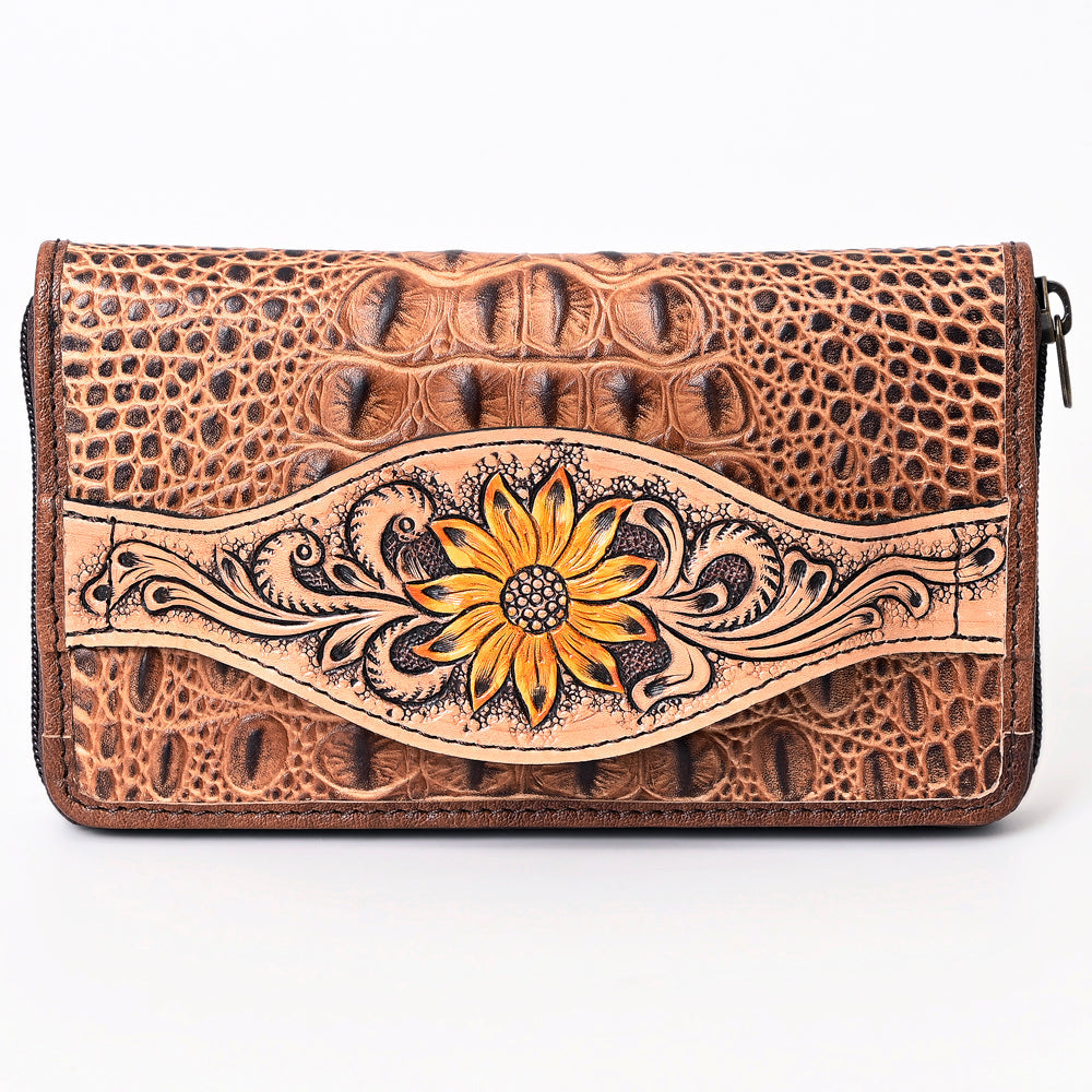 American Darling Western Leather Wallet Bag Crocodile Embossed Genuine Leather Hand Tooled 4.5in (H) X 8in (W)