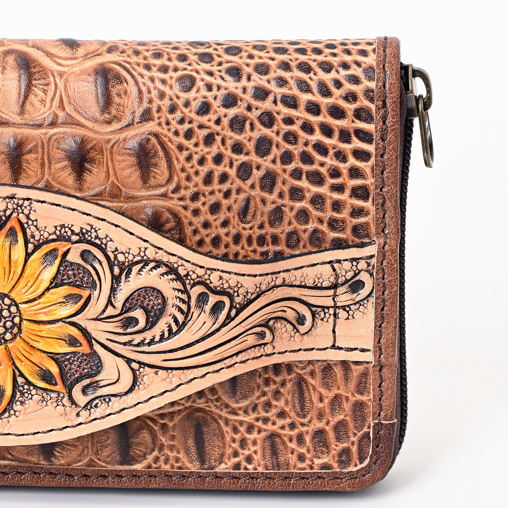 American Darling Western Leather Wallet Bag Crocodile Embossed Genuine Leather Hand Tooled 4.5in (H) X 8in (W)