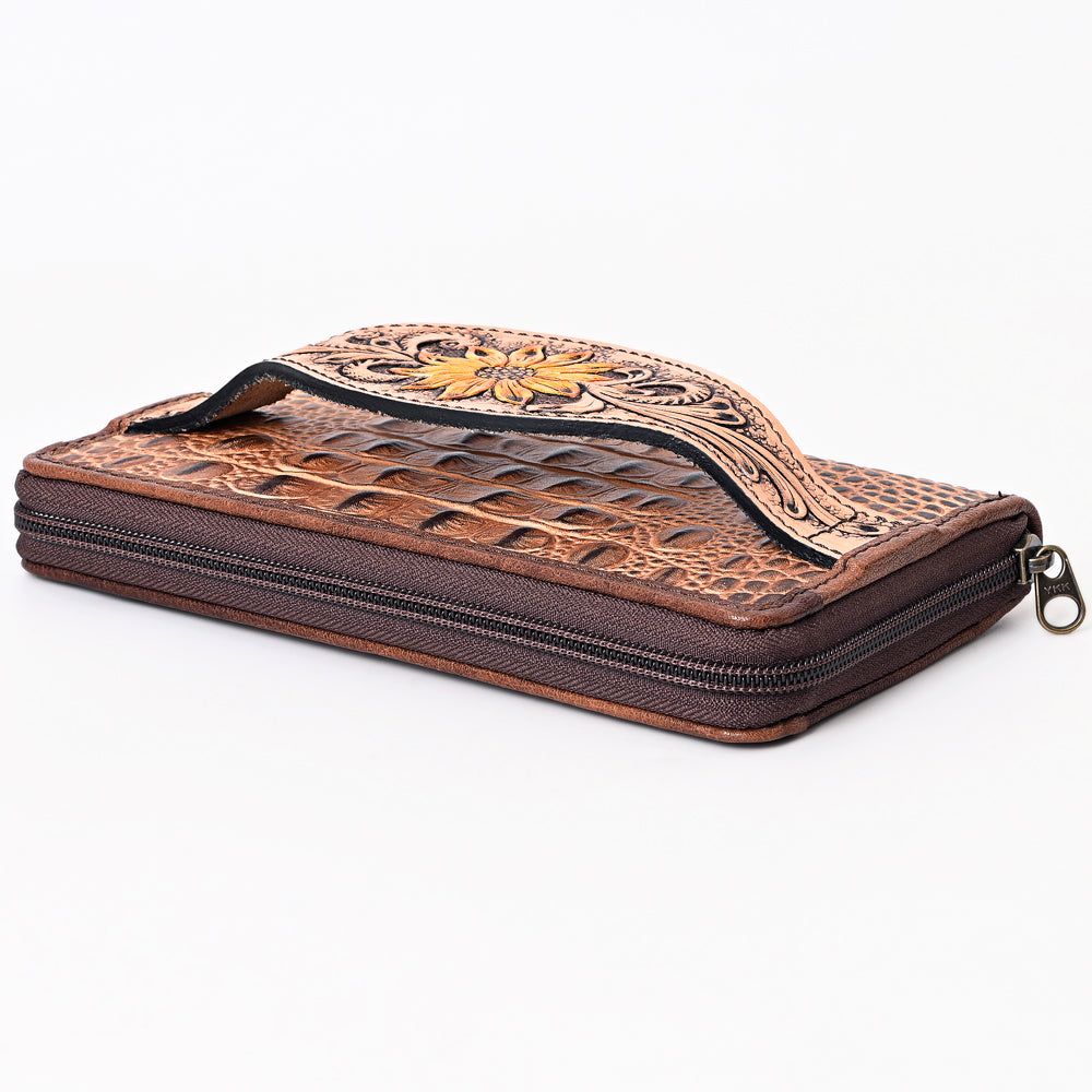 American Darling Western Leather Wallet Bag Crocodile Embossed Genuine Leather Hand Tooled 4.5in (H) X 8in (W)