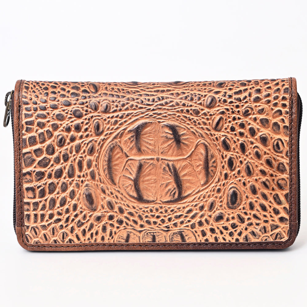 American Darling Western Leather Wallet Bag Crocodile Embossed Genuine Leather Hand Tooled 4.5in (H) X 8in (W)