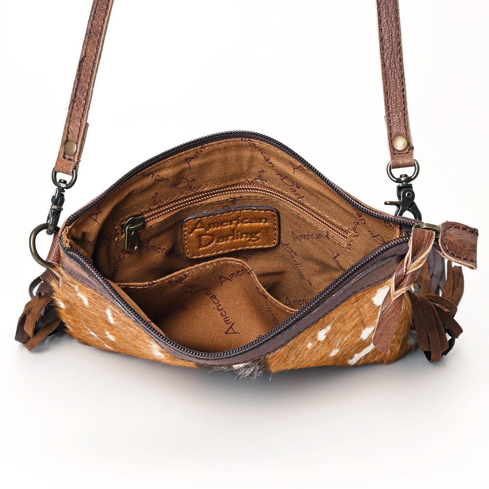 American Darling Western Small Crossbody Bag – Genuine Hair-On Cowhide Leather with Fringes, Adjustable Strap, Handcrafted in Texas