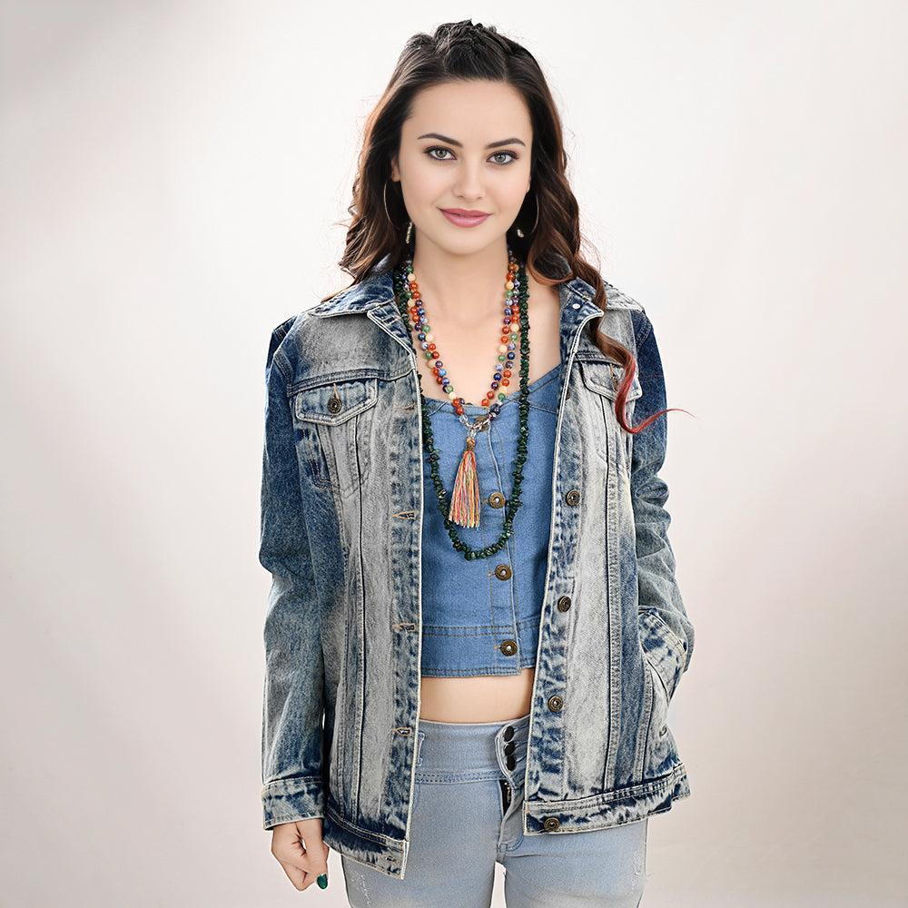 Genuine leather Hand tooled hand carved Women 100% cotton Denim jacket dress