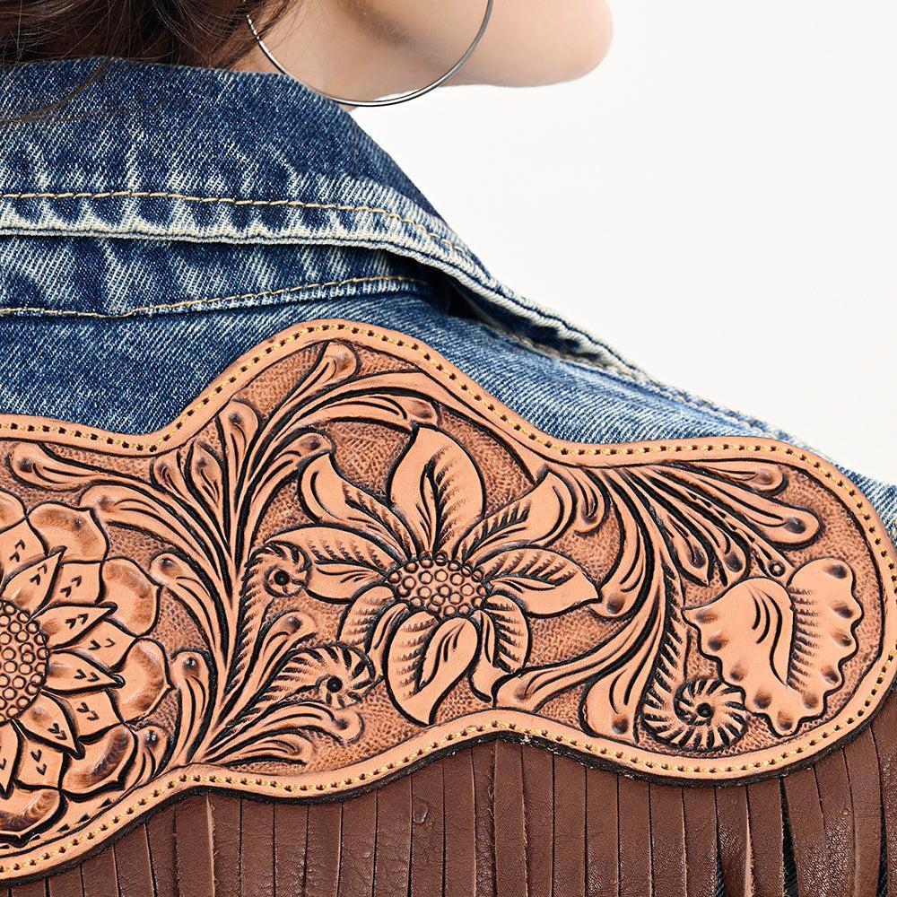 Genuine leather Hand tooled hand carved Women 100% cotton Denim jacket dress