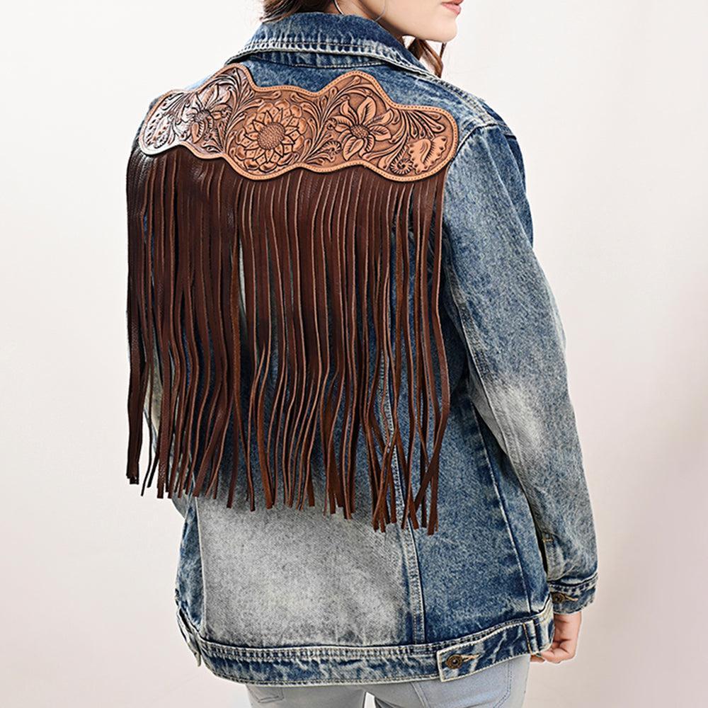 Genuine leather Hand tooled hand carved Women 100% cotton Denim jacket dress