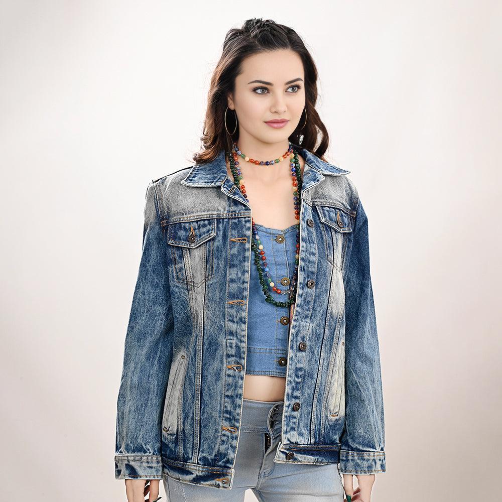 Genuine leather Hand tooled hand carved Women 100% cotton Denim jacket dress