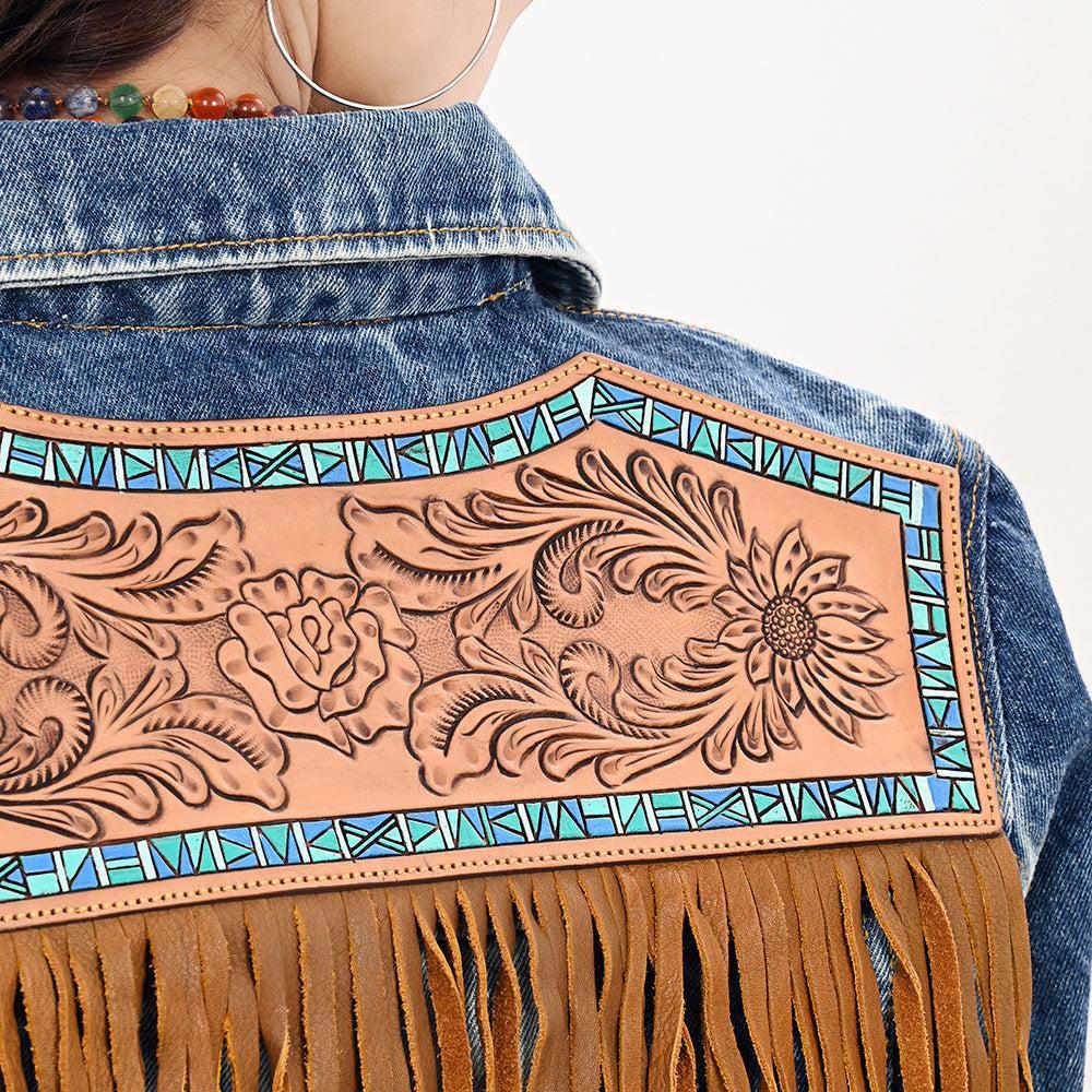 Genuine leather Hand tooled hand carved Women 100% cotton Denim jacket dress