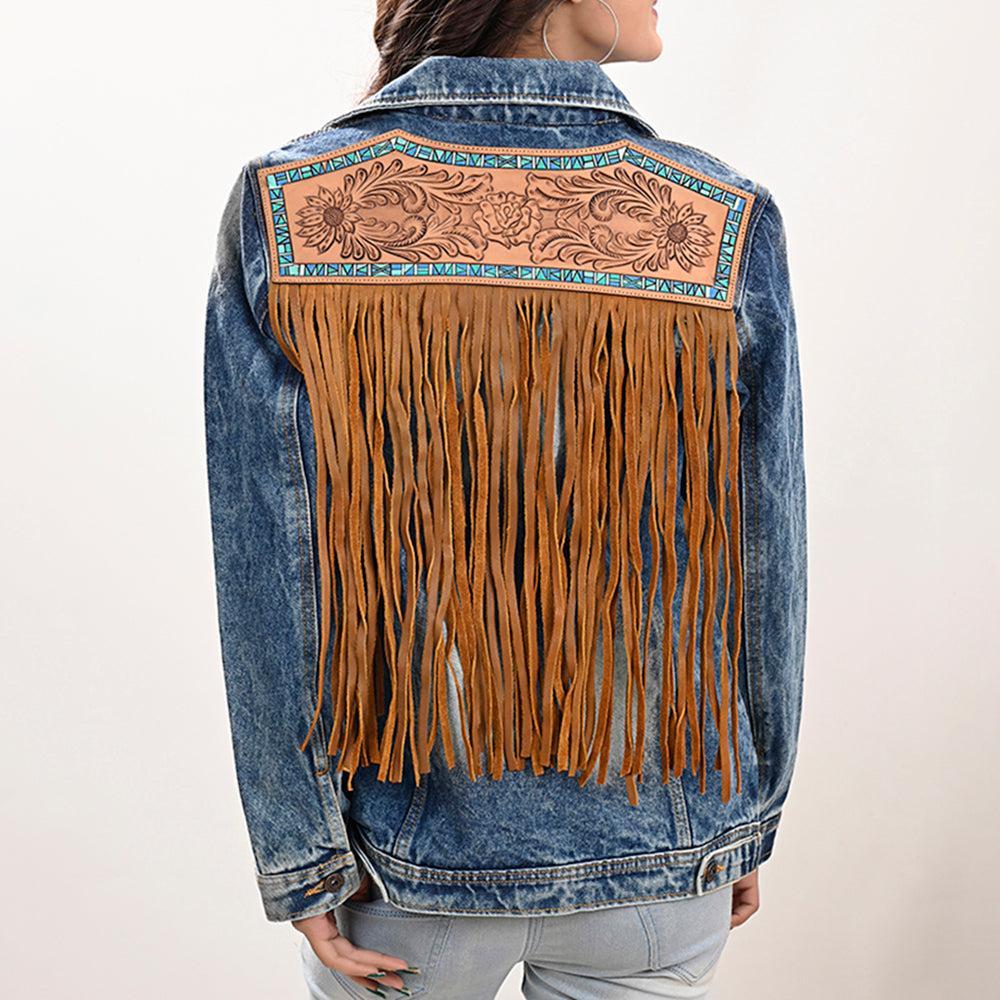 Genuine leather Hand tooled hand carved Women 100% cotton Denim jacket dress