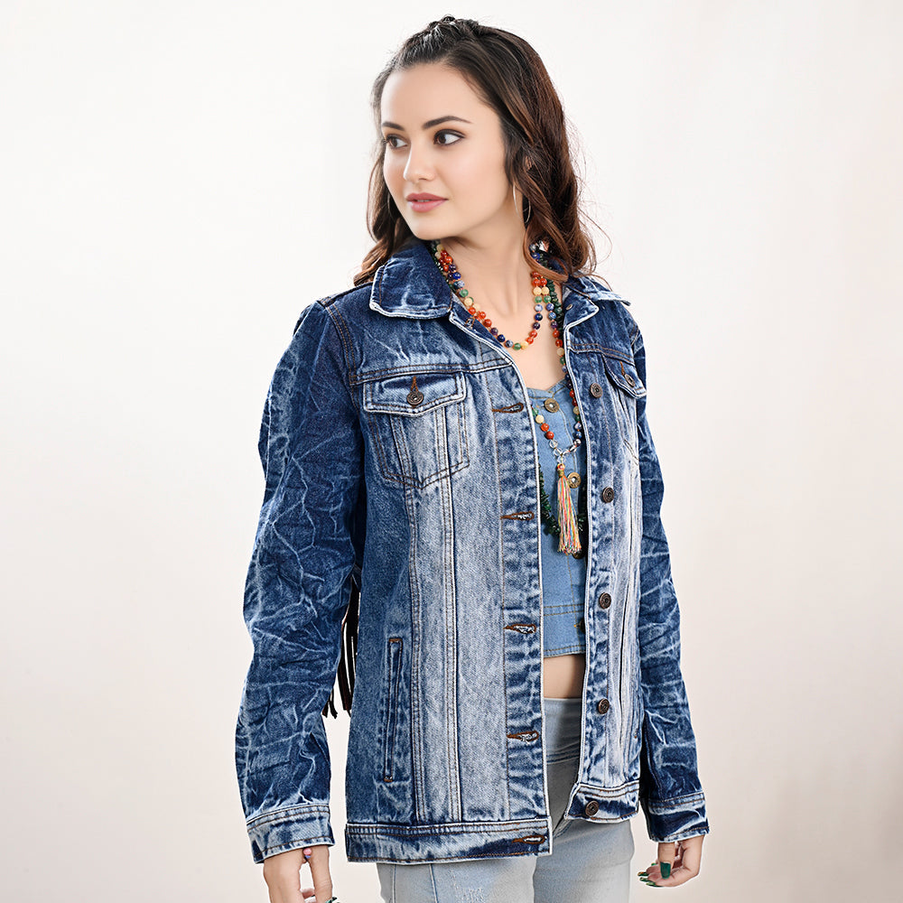 Genuine leather Hand tooled hand carved Women 100% cotton Denim jacket dress
