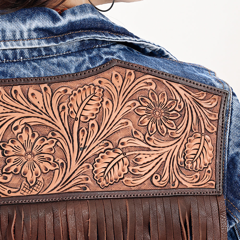 Genuine leather Hand tooled hand carved Women 100% cotton Denim jacket dress
